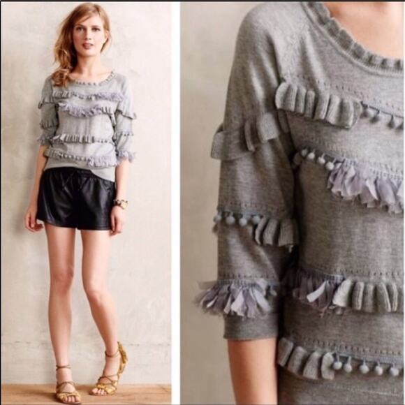 ANTHROPOLOGIE Knitted Knotted Ruffle Pom Fringe Stripe Grey Gray Sweater Top S - Picture 1 of 7